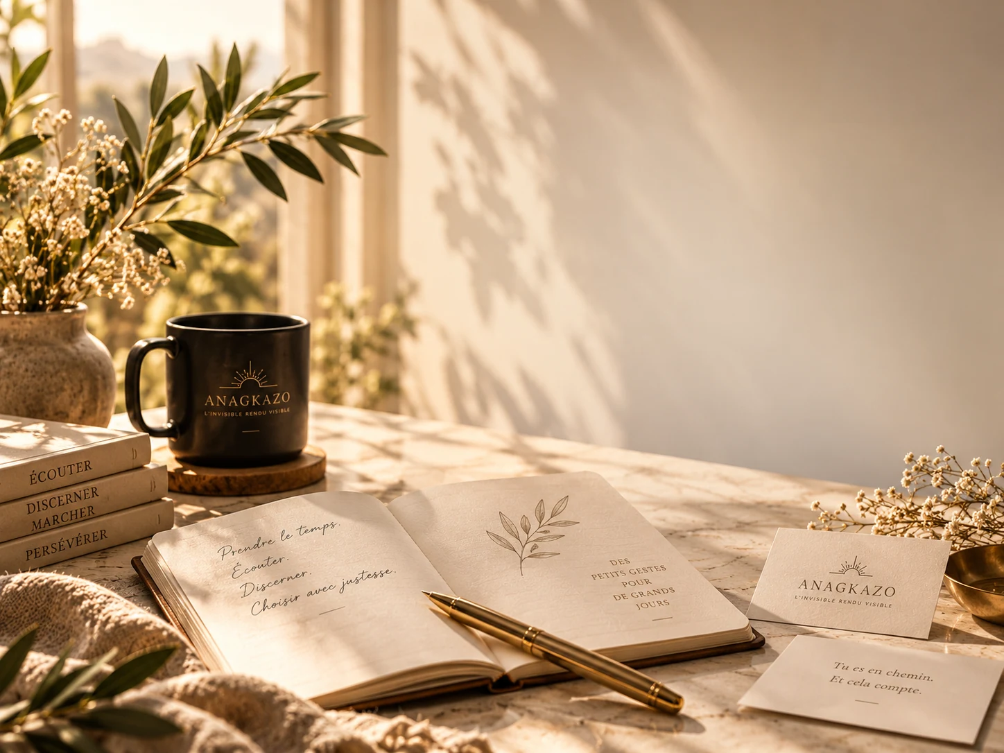 Carnet ouvert sur une table claire avec tissus naturels