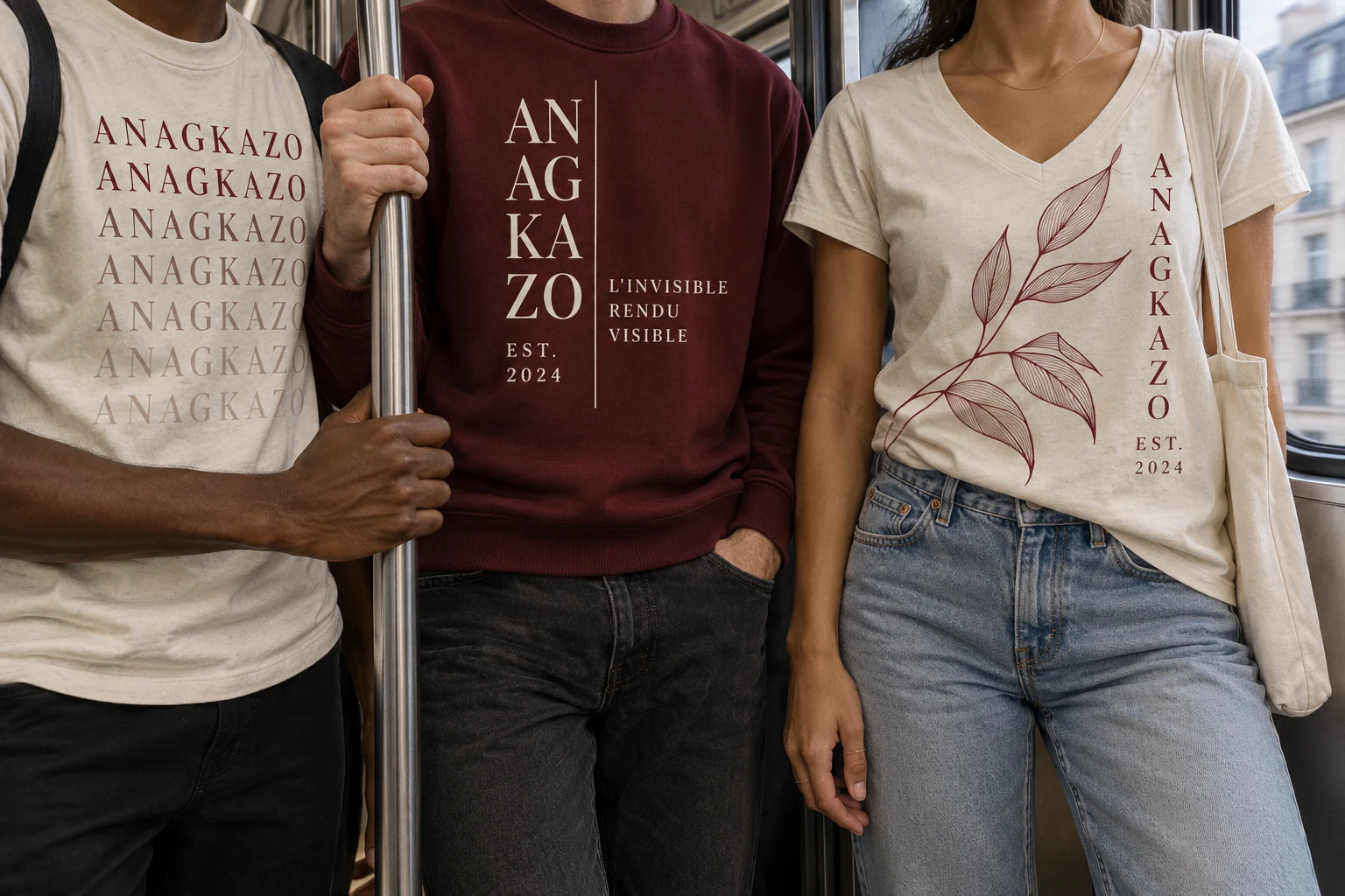 Trois silhouettes portant des vêtements ANAGKAZO dans le métro — inspiration visuelle de la sortie 01 EVERYDAY