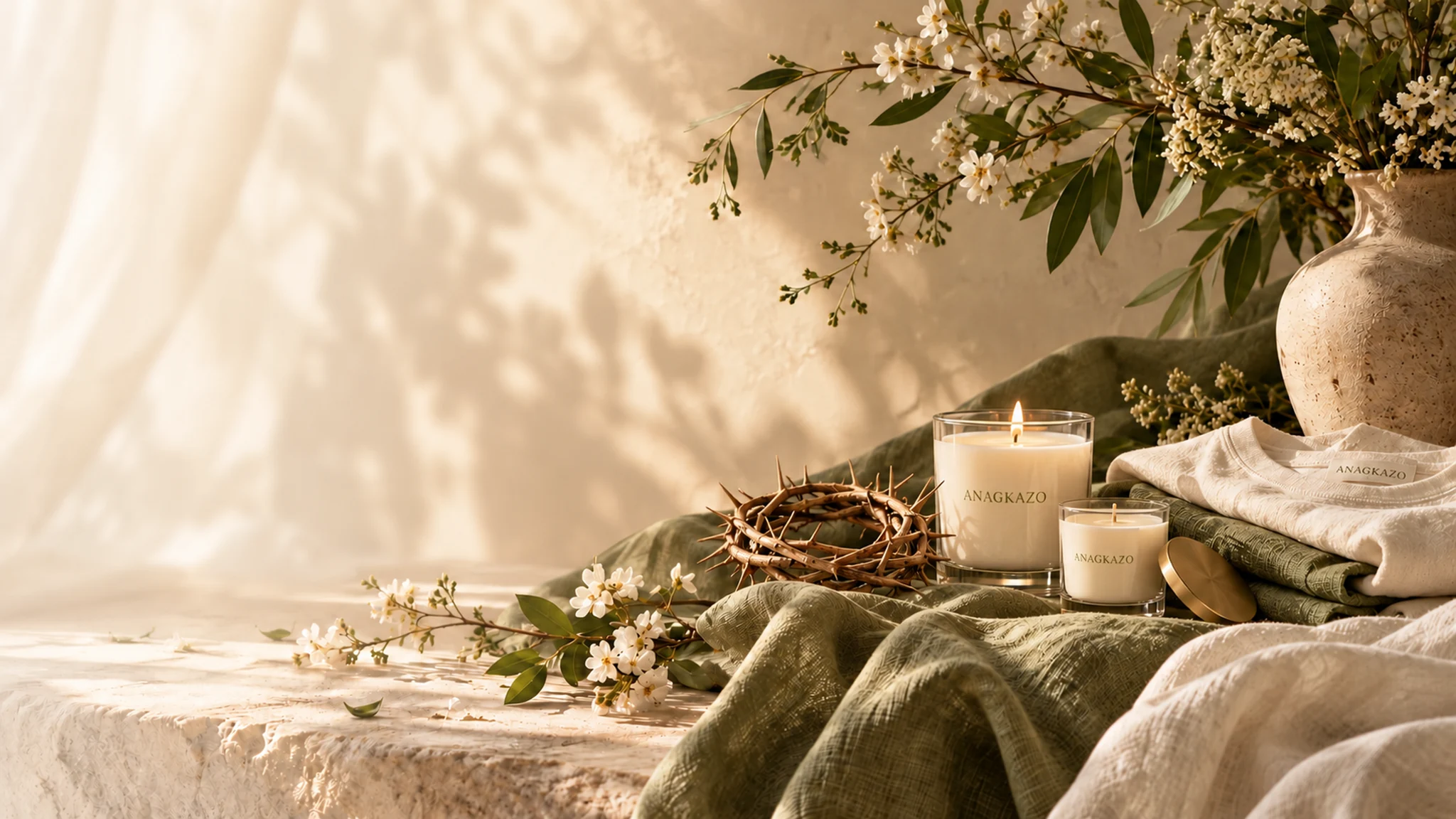 Bougies ANAGKAZO, textiles ivoire et olive, couronne d’épines et fleurs dans la lumière du matin — photographie d’intention