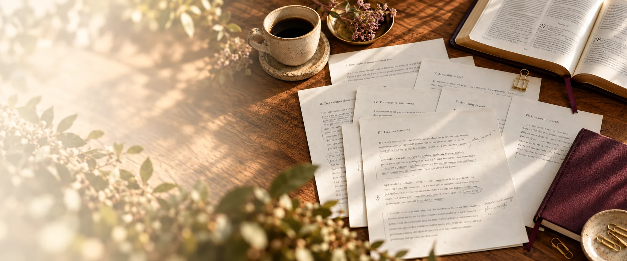 Bible ouverte, pages annotées et café sur un bureau