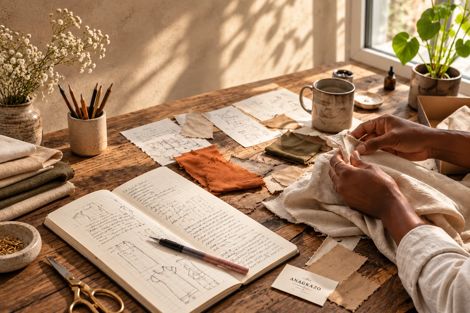 Atelier ANAGKAZO : carnet de croquis et recherche textile, dans une lumière douce