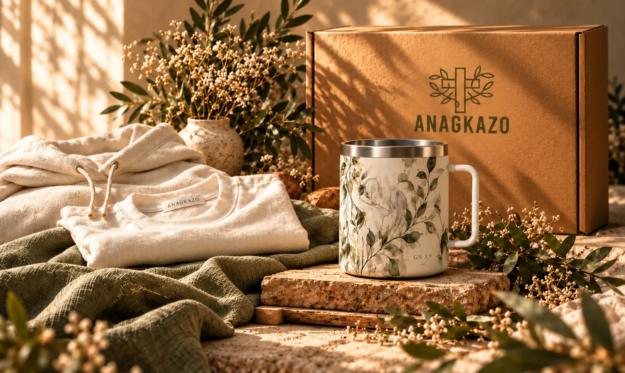 Coffret kraft ANAGKAZO, textiles clairs et mug GN 3,9 dans une composition florale — visuel d’intention
